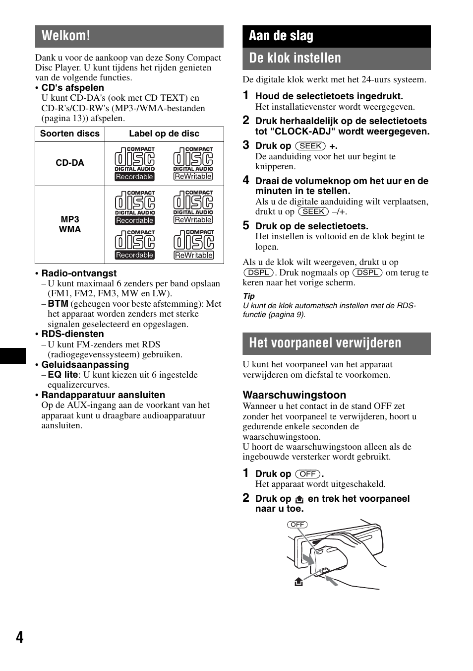 Welkom, Aan de slag, De klok instellen | Het voorpaneel verwijderen, De klok instellen het voorpaneel verwijderen, Aan de slag de klok instellen | Sony CDX-GT23 User Manual | Page 68 / 84