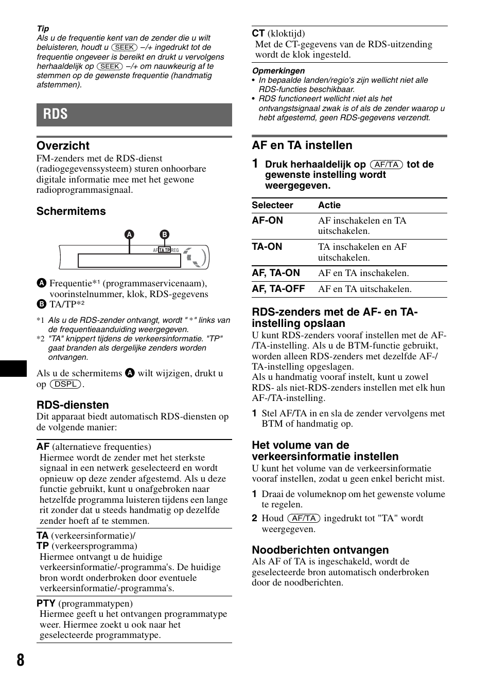 Overzicht, Af en ta instellen, Overzicht af en ta instellen | Sony CDX-GT23 User Manual | Page 72 / 84