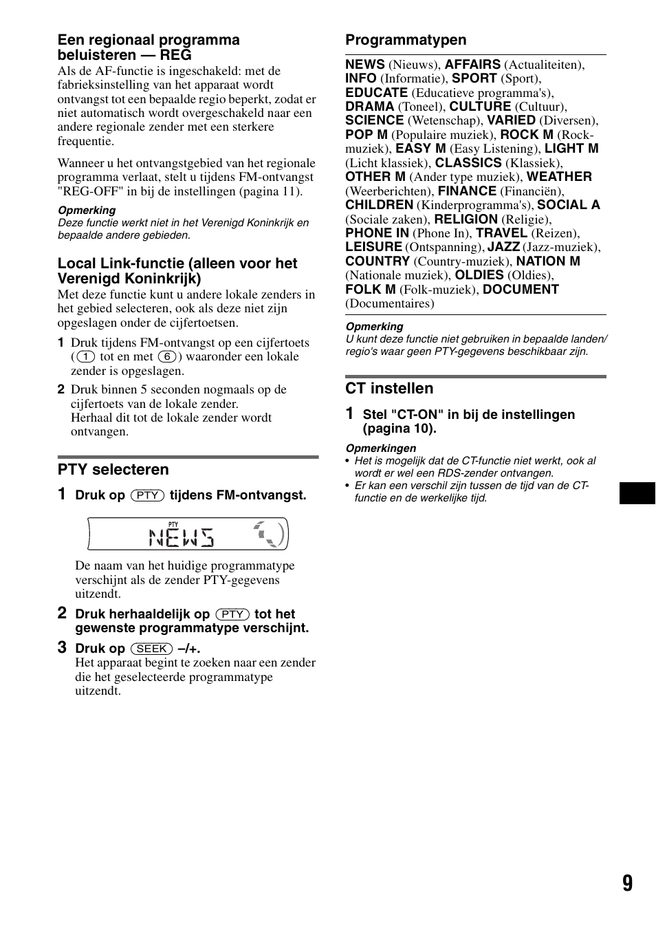 Pty selecteren, Ct instellen, Pty selecteren ct instellen | Sony CDX-GT23 User Manual | Page 73 / 84