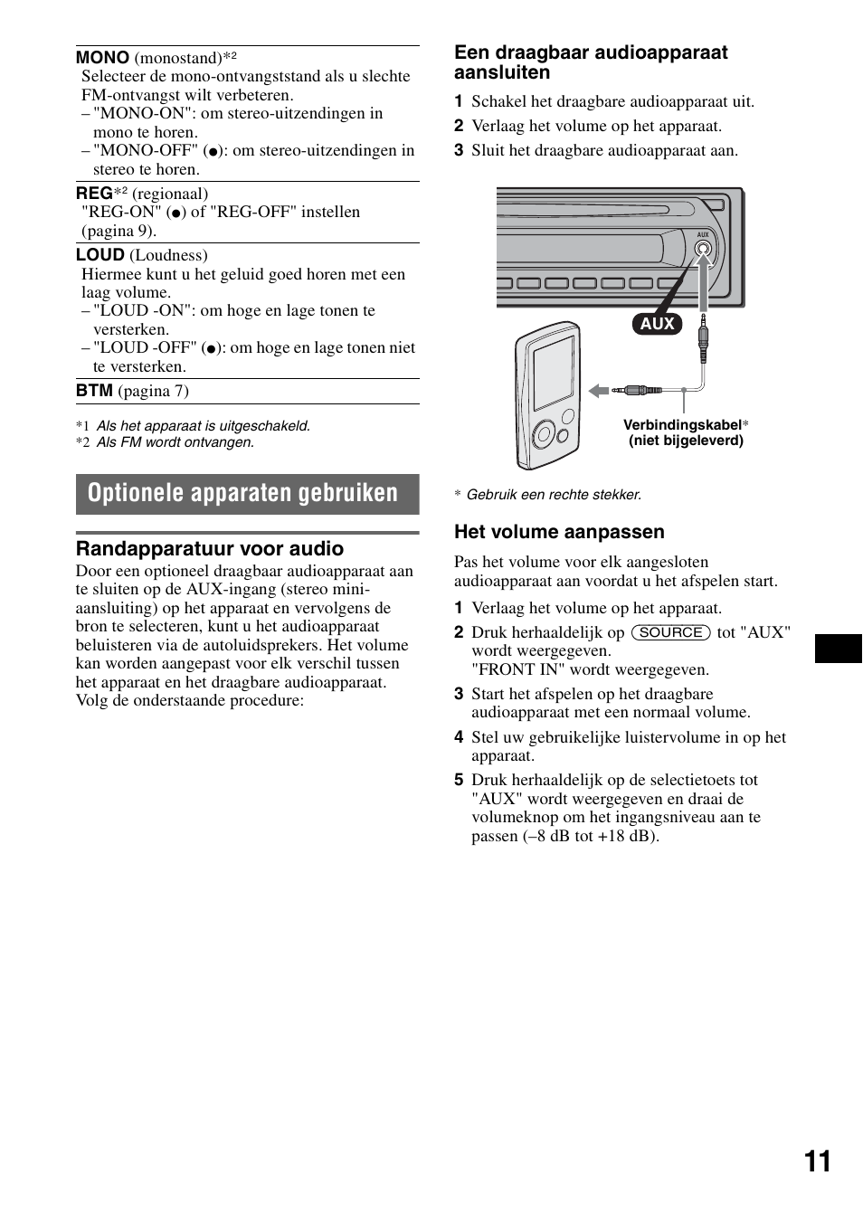 Optionele apparaten gebruiken, Randapparatuur voor audio, Ng 11 | Sony CDX-GT23 User Manual | Page 75 / 84