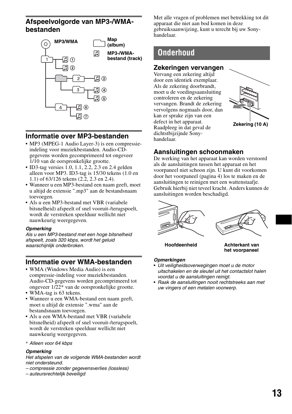 Afspeelvolgorde van mp3-/wma- bestanden, Informatie over mp3-bestanden, Informatie over wma-bestanden | Onderhoud, Afspeelvolgorde van, Zekeringen vervangen, Aansluitingen schoonmaken | Sony CDX-GT23 User Manual | Page 77 / 84