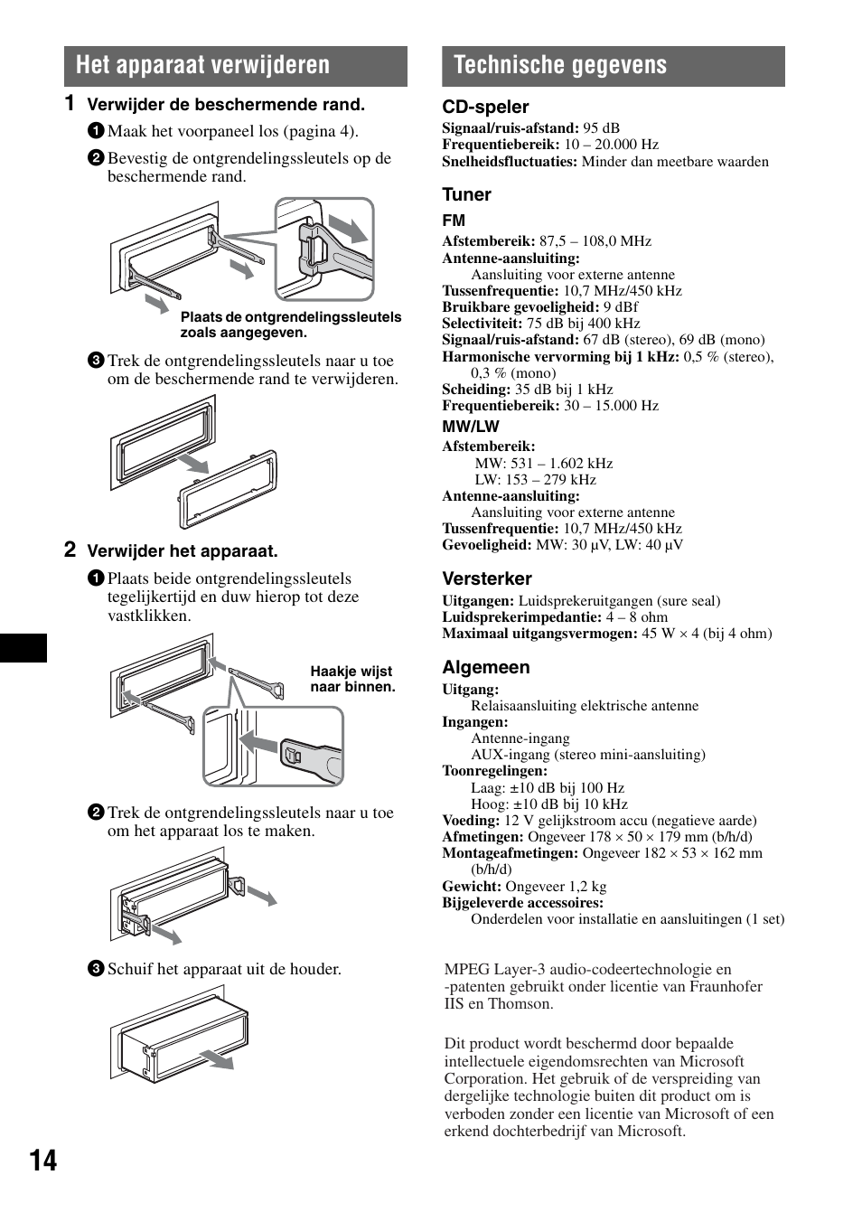 Het apparaat verwijderen, Technische gegevens, Het apparaat verwijderen technische gegevens | Sony CDX-GT23 User Manual | Page 78 / 84