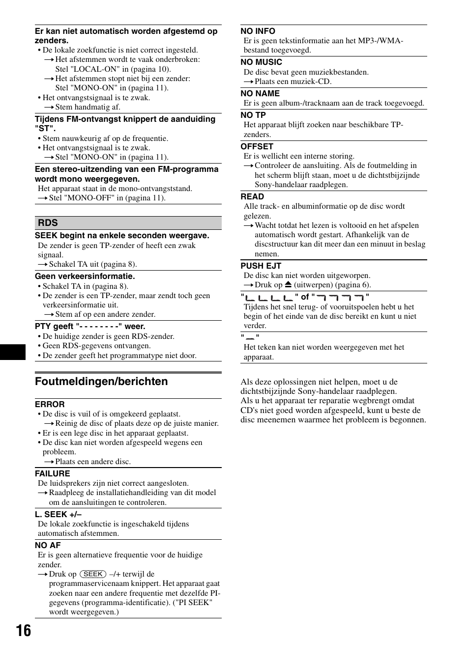 Foutmeldingen/berichten | Sony CDX-GT23 User Manual | Page 80 / 84