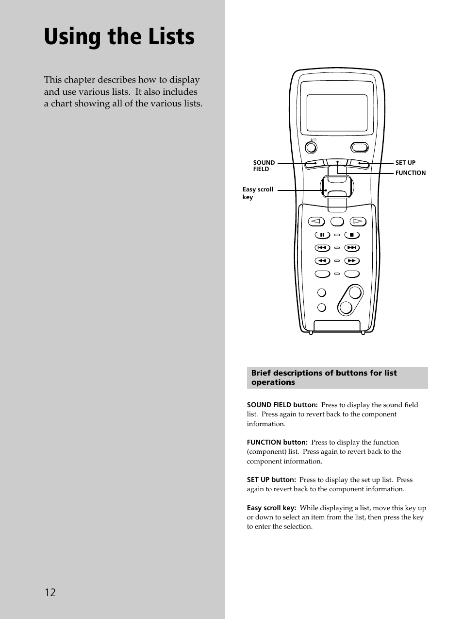 Using the lists, Brief descriptions of buttons for list operations | Sony RM-LJ302 User Manual | Page 12 / 23