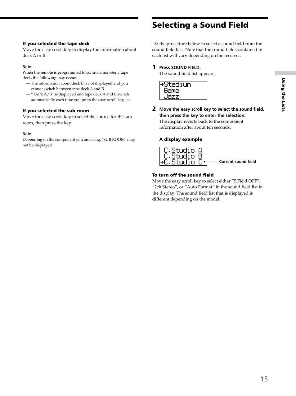 Selecting a sound field, Stadium game jazz, C.studio a c.studio b c.studio c | Sony RM-LJ302 User Manual | Page 15 / 23