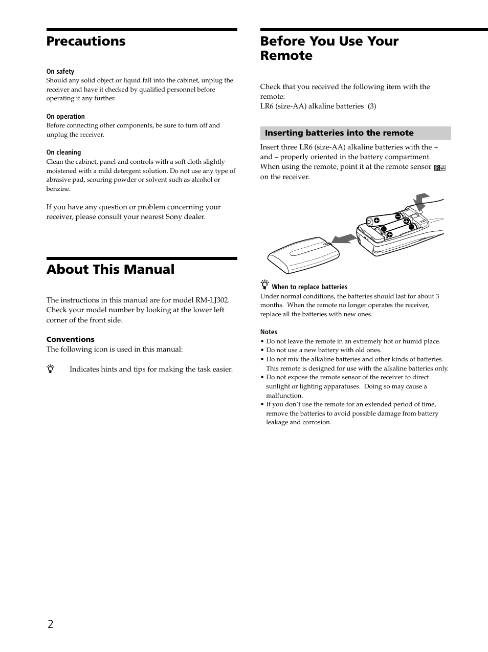 Precautions, About this manual, Before you use your remote | Sony RM-LJ302 User Manual | Page 2 / 23