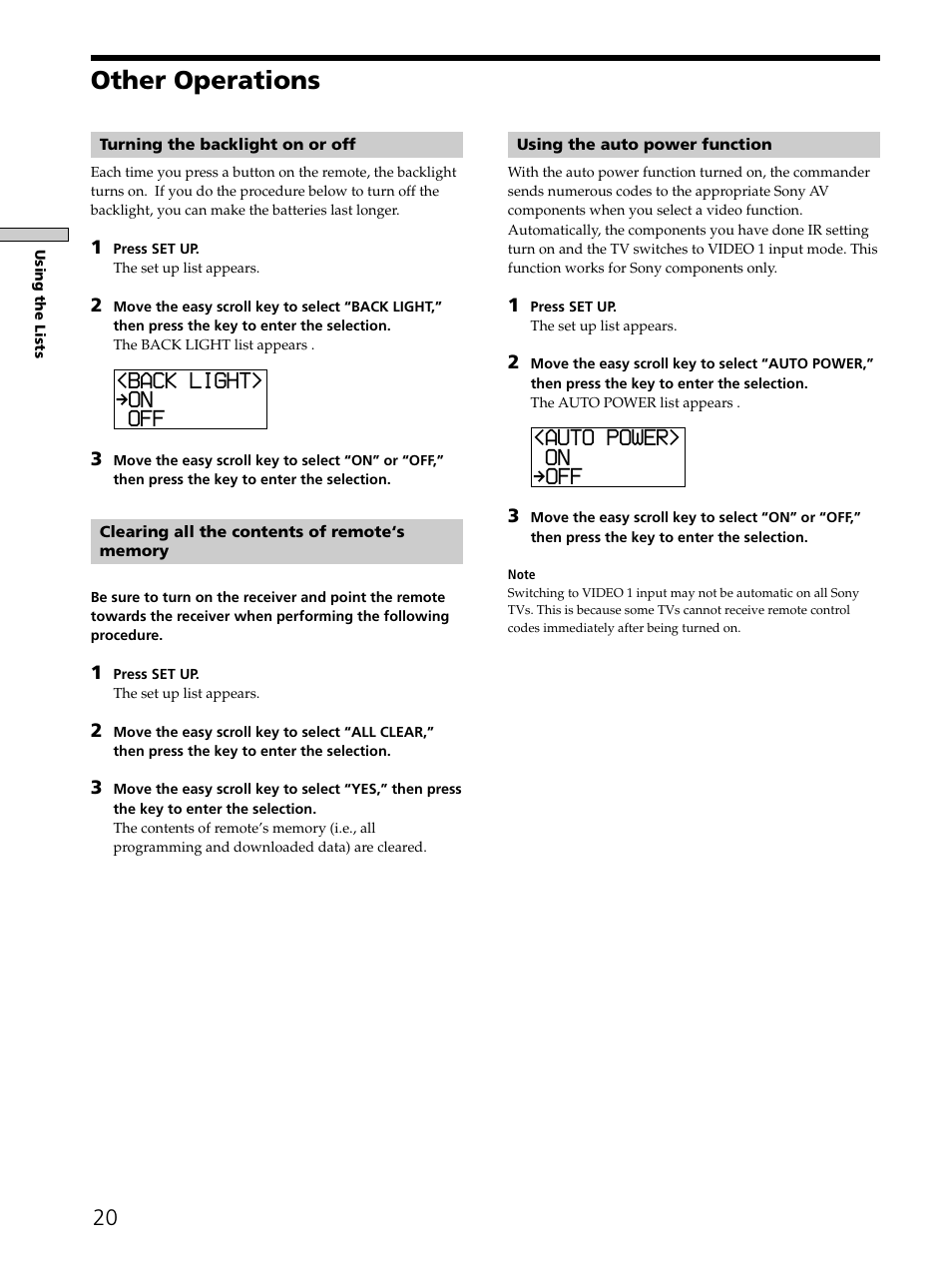 Other operations, Auto power> on off, Back light> on off | Sony RM-LJ302 User Manual | Page 20 / 23