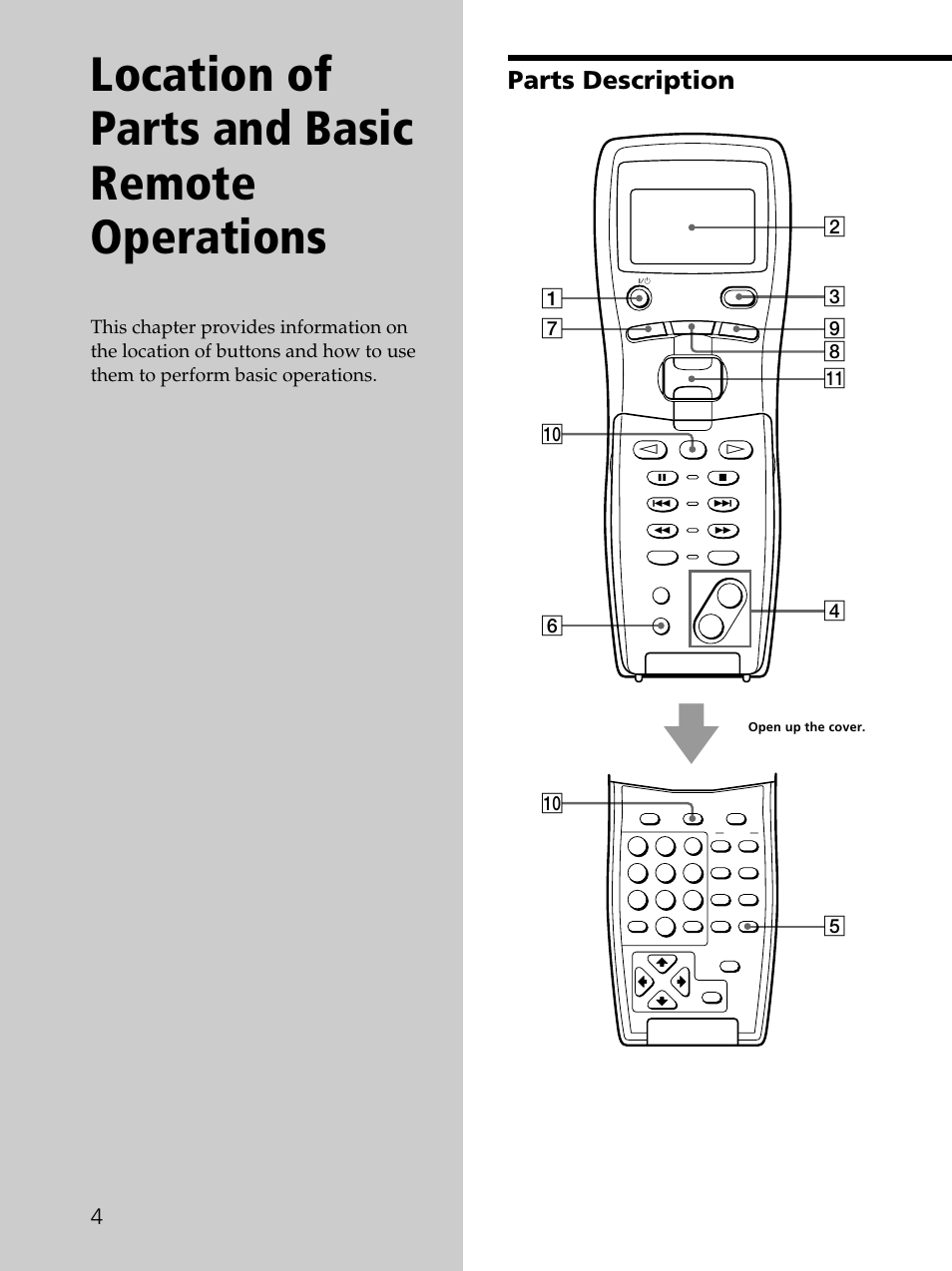 Location of parts and basic remote operations, Parts description | Sony RM-LJ302 User Manual | Page 4 / 23