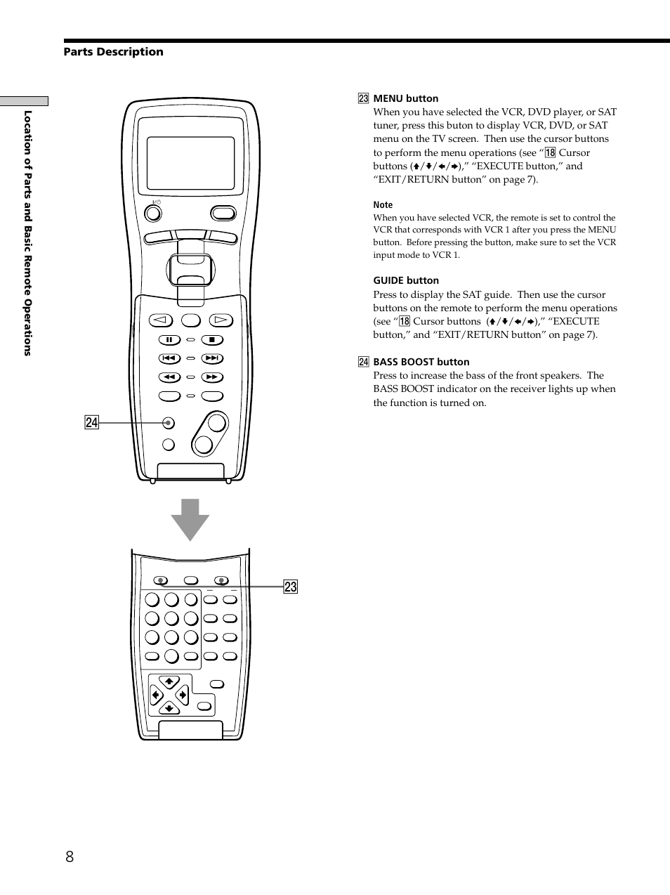 Parts description, Location of parts and basic remote operations | Sony RM-LJ302 User Manual | Page 8 / 23