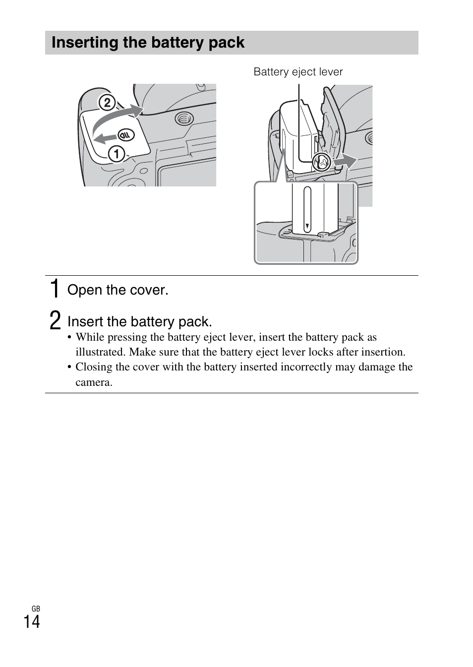 Inserting the battery pack | Sony CYBER SHOT DSC-HX200 User Manual | Page 14 / 68