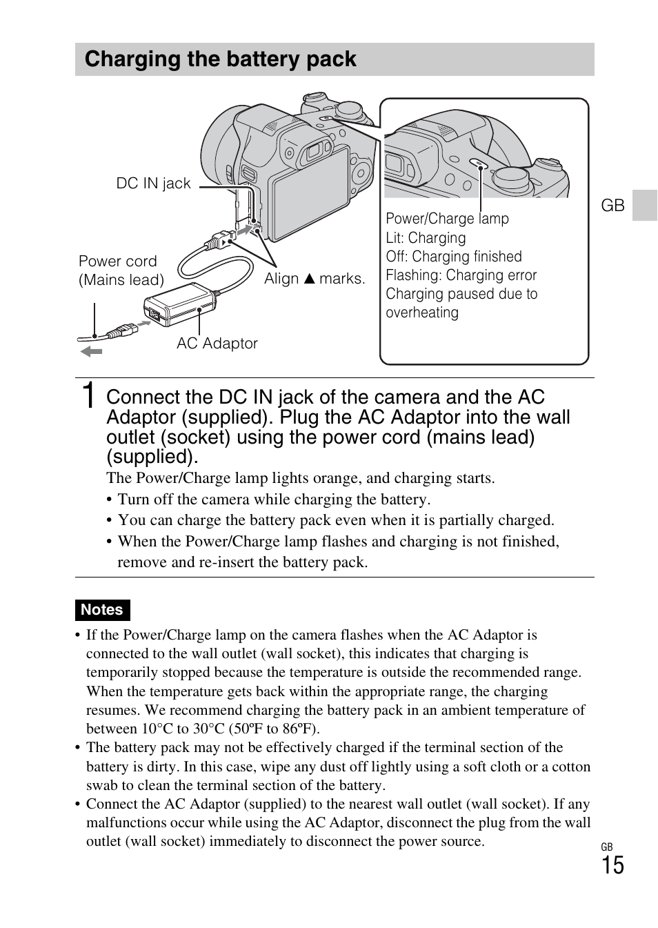 Charging the battery pack | Sony CYBER SHOT DSC-HX200 User Manual | Page 15 / 68