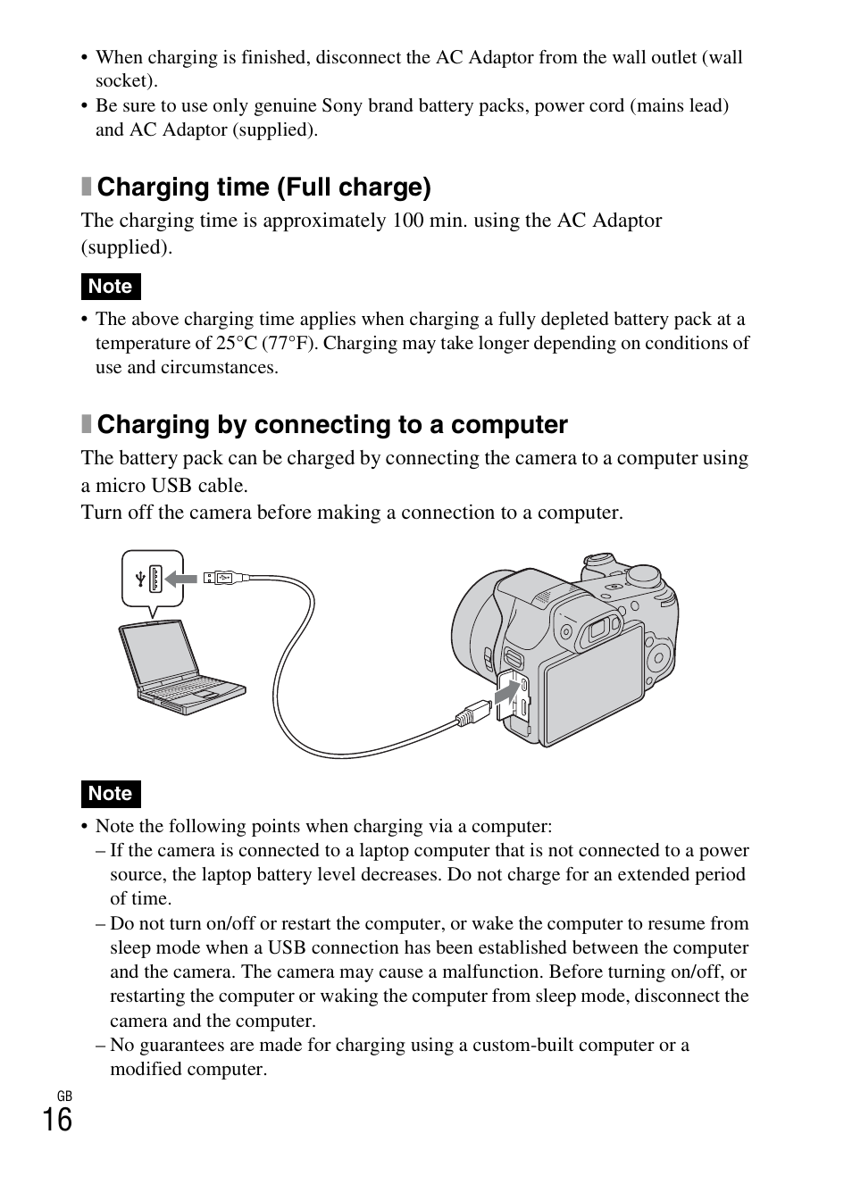 Xcharging time (full charge), Xcharging by connecting to a computer | Sony CYBER SHOT DSC-HX200 User Manual | Page 16 / 68