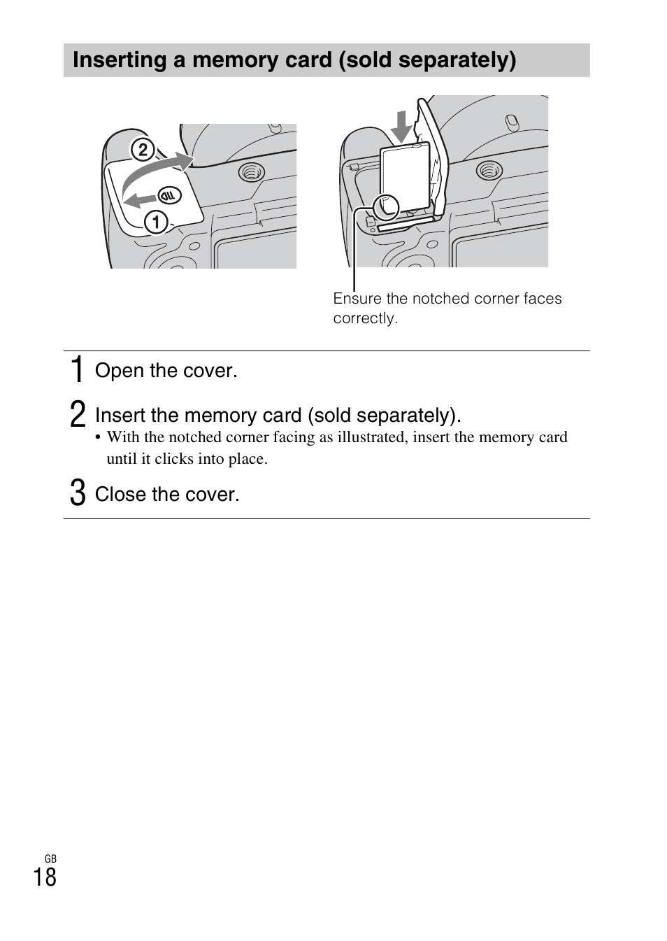 Inserting a memory card (sold separately) | Sony CYBER SHOT DSC-HX200 User Manual | Page 18 / 68