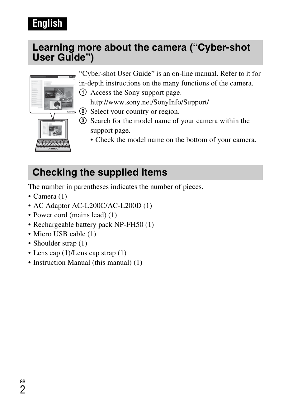 English, Checking the supplied items | Sony CYBER SHOT DSC-HX200 User Manual | Page 2 / 68