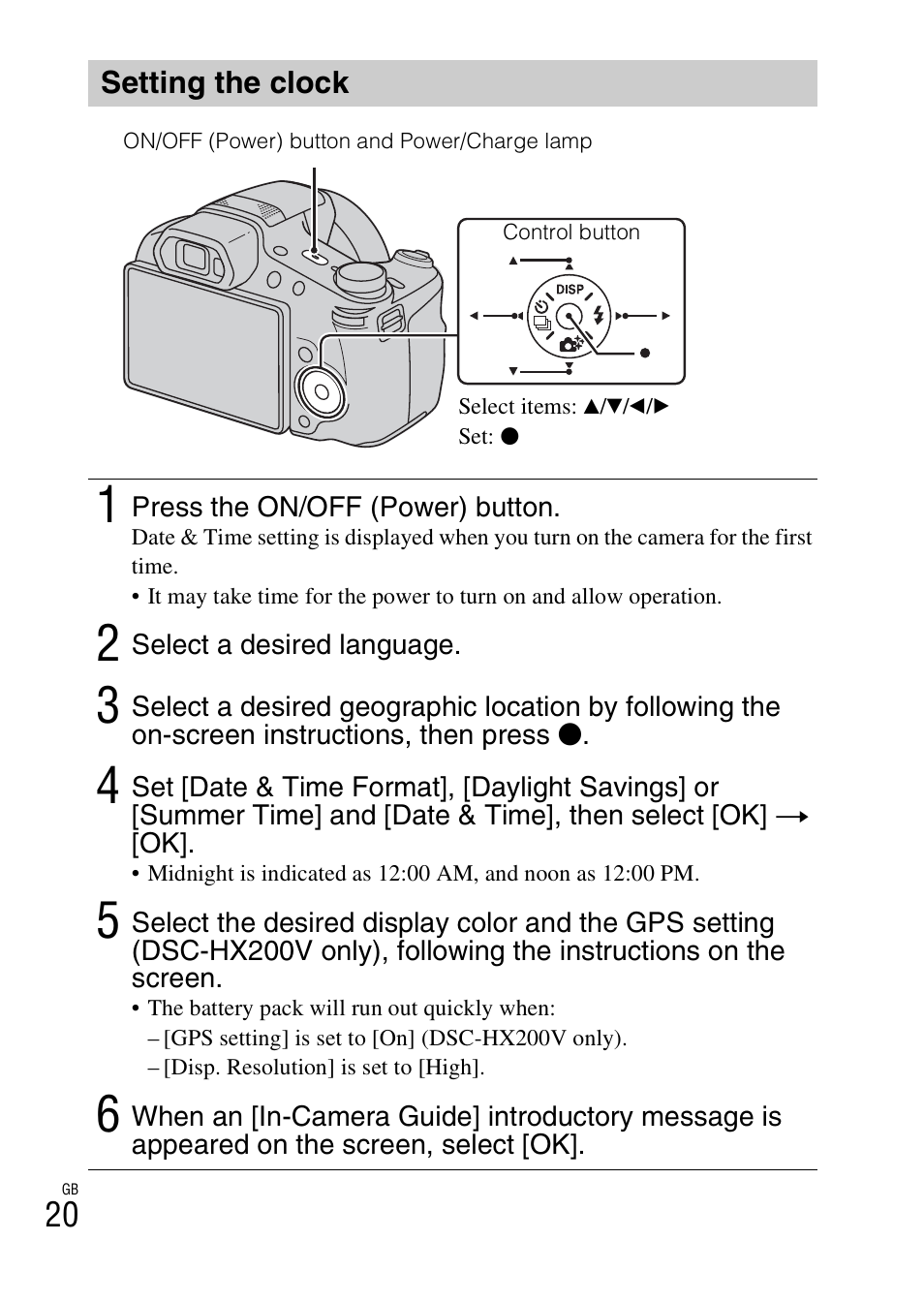 Setting the clock | Sony CYBER SHOT DSC-HX200 User Manual | Page 20 / 68