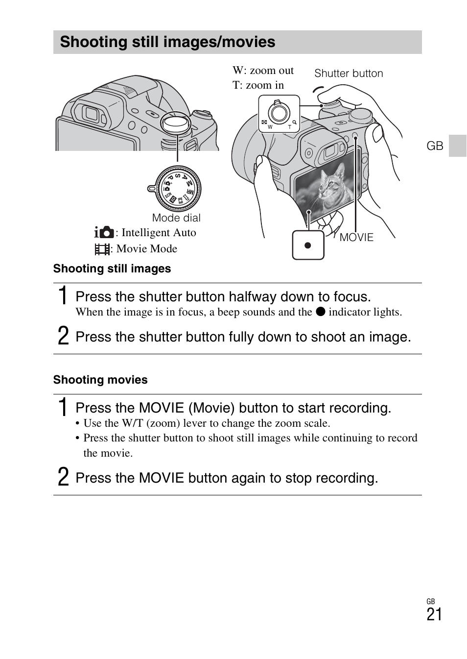 Shooting still images/movies | Sony CYBER SHOT DSC-HX200 User Manual | Page 21 / 68