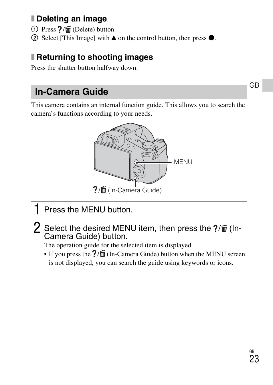 In-camera guide | Sony CYBER SHOT DSC-HX200 User Manual | Page 23 / 68