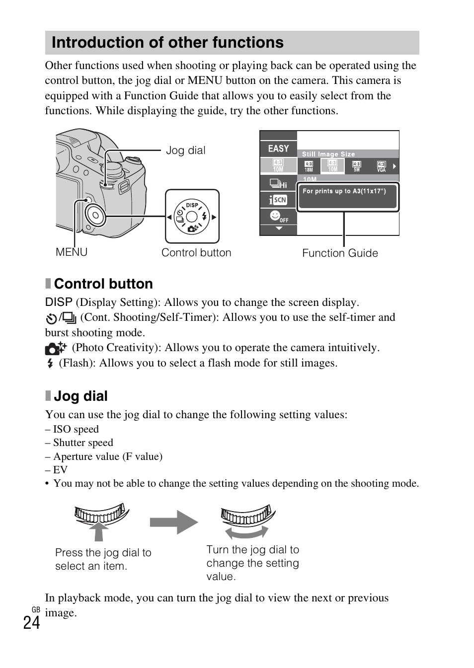 Introduction of other functions, Xcontrol button, Xjog dial | Sony CYBER SHOT DSC-HX200 User Manual | Page 24 / 68