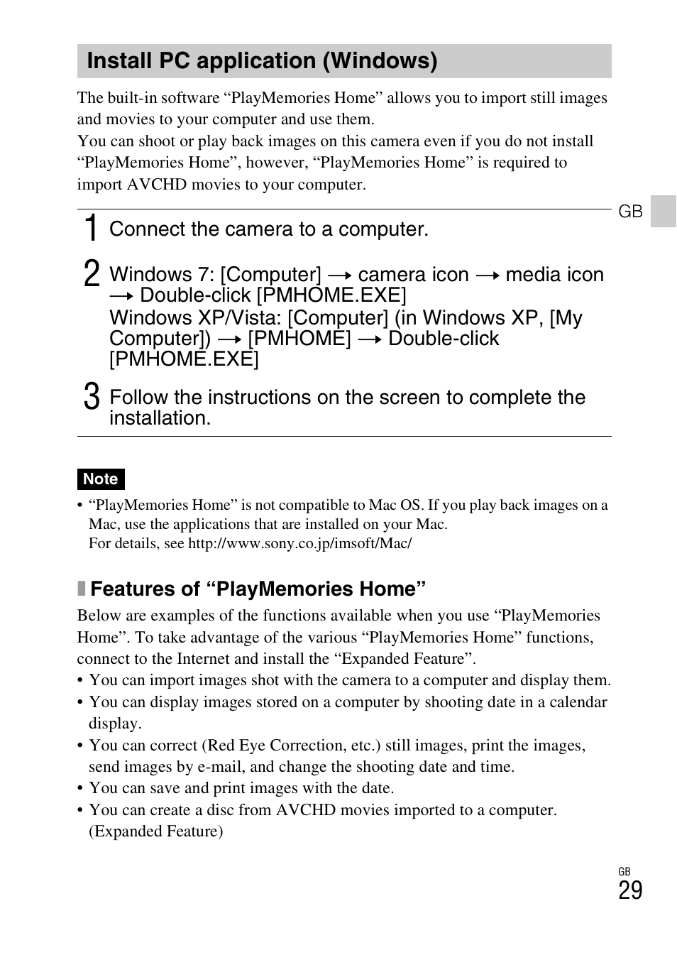 Install pc application (windows) | Sony CYBER SHOT DSC-HX200 User Manual | Page 29 / 68