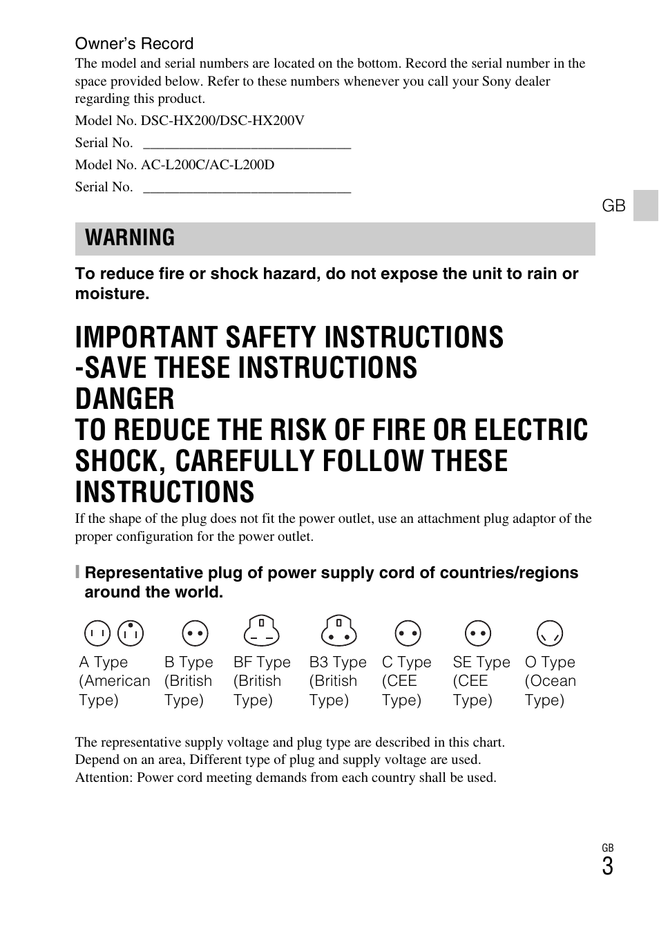 Warning | Sony CYBER SHOT DSC-HX200 User Manual | Page 3 / 68