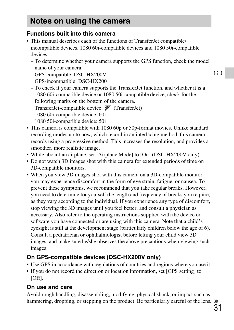 Notes on using the camera | Sony CYBER SHOT DSC-HX200 User Manual | Page 31 / 68