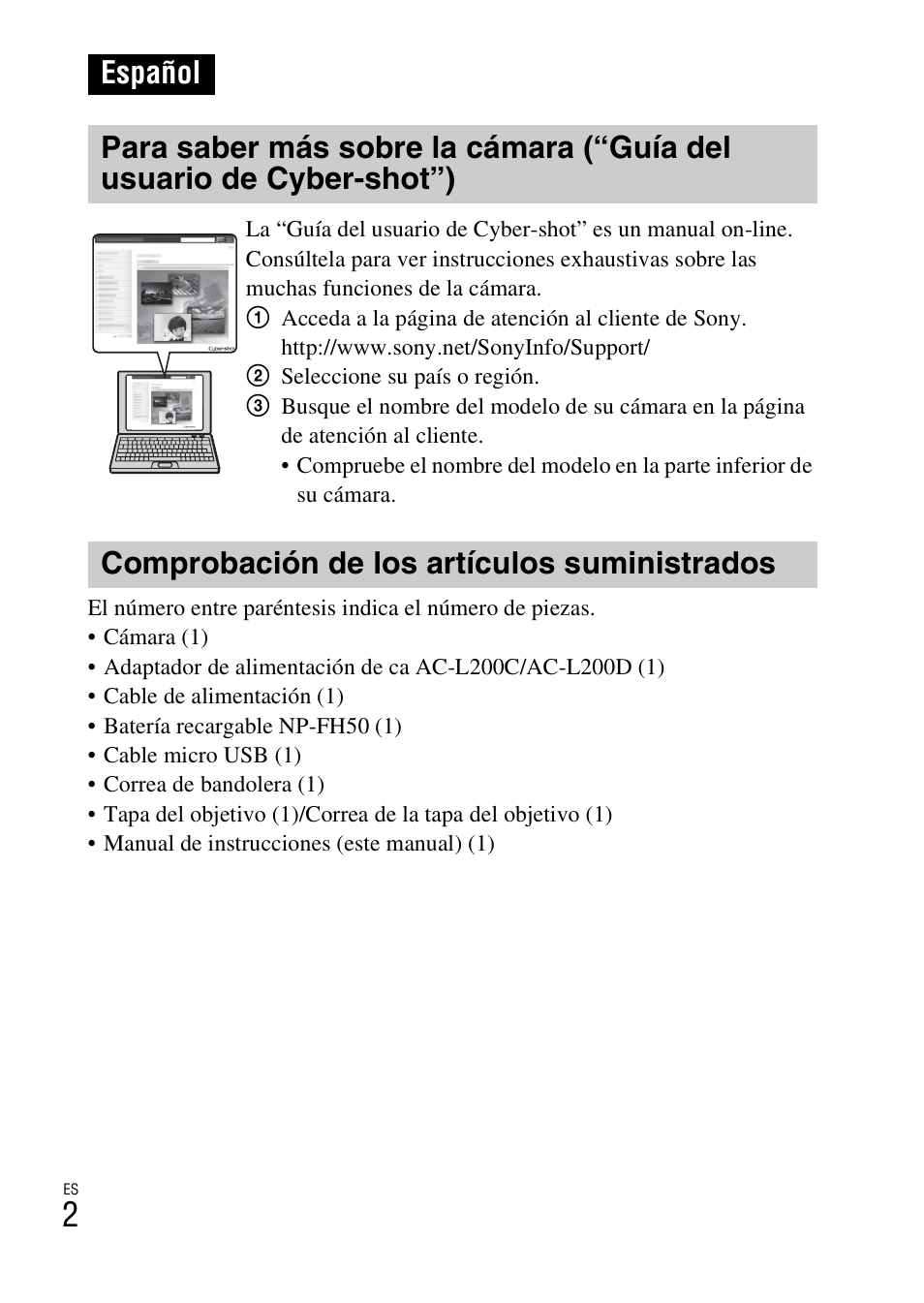 Español, Comprobación de los artículos suministrados | Sony CYBER SHOT DSC-HX200 User Manual | Page 38 / 68