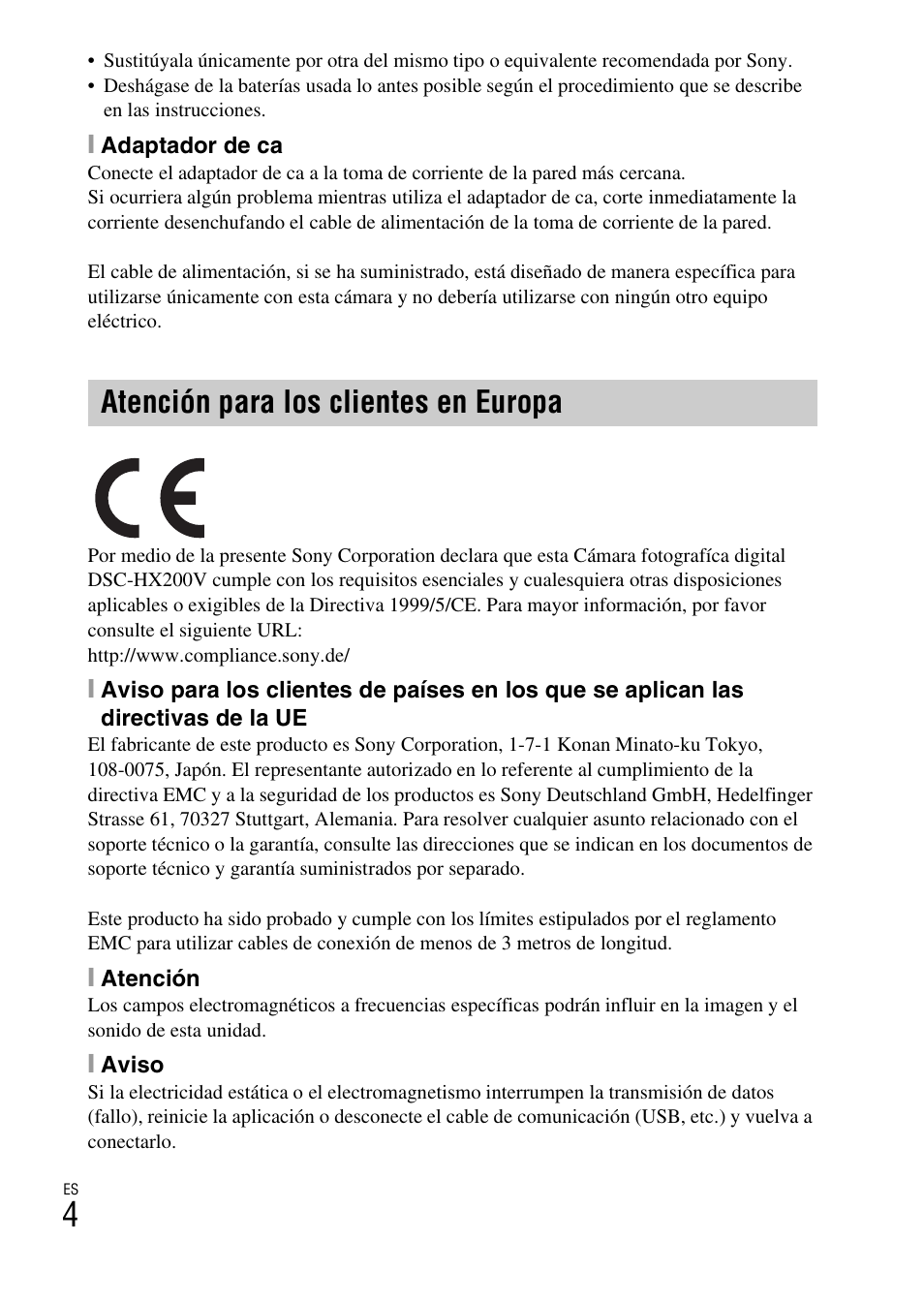 Atención para los clientes en europa | Sony CYBER SHOT DSC-HX200 User Manual | Page 40 / 68