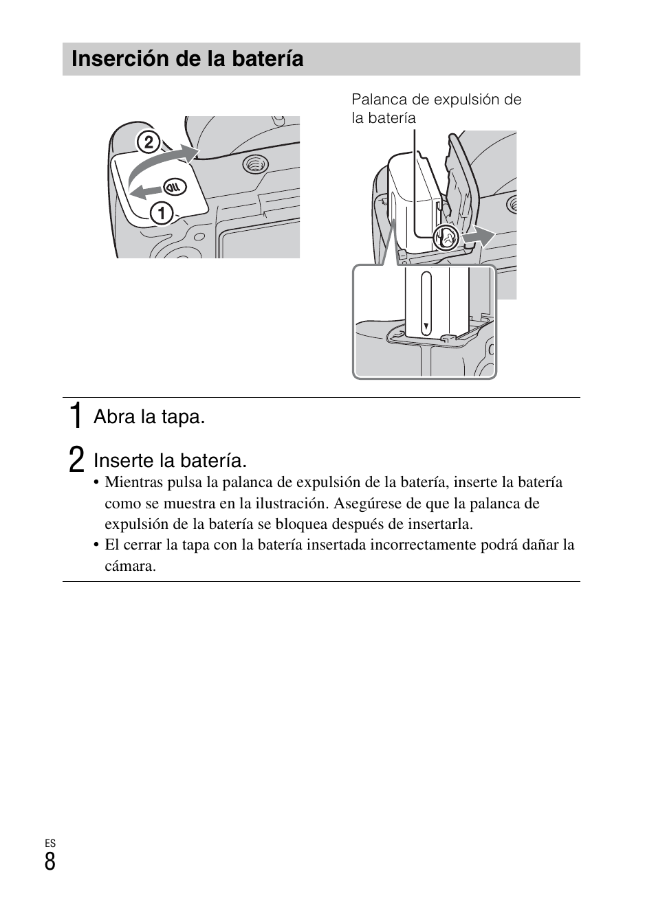 Inserción de la batería | Sony CYBER SHOT DSC-HX200 User Manual | Page 44 / 68