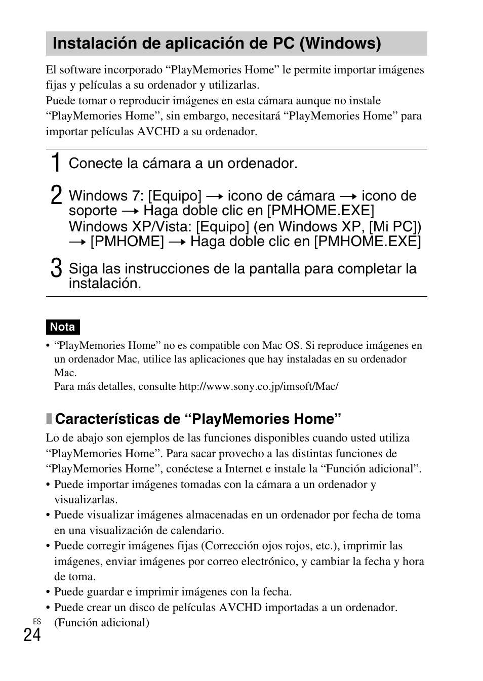 Instalación de aplicación de pc (windows) | Sony CYBER SHOT DSC-HX200 User Manual | Page 60 / 68