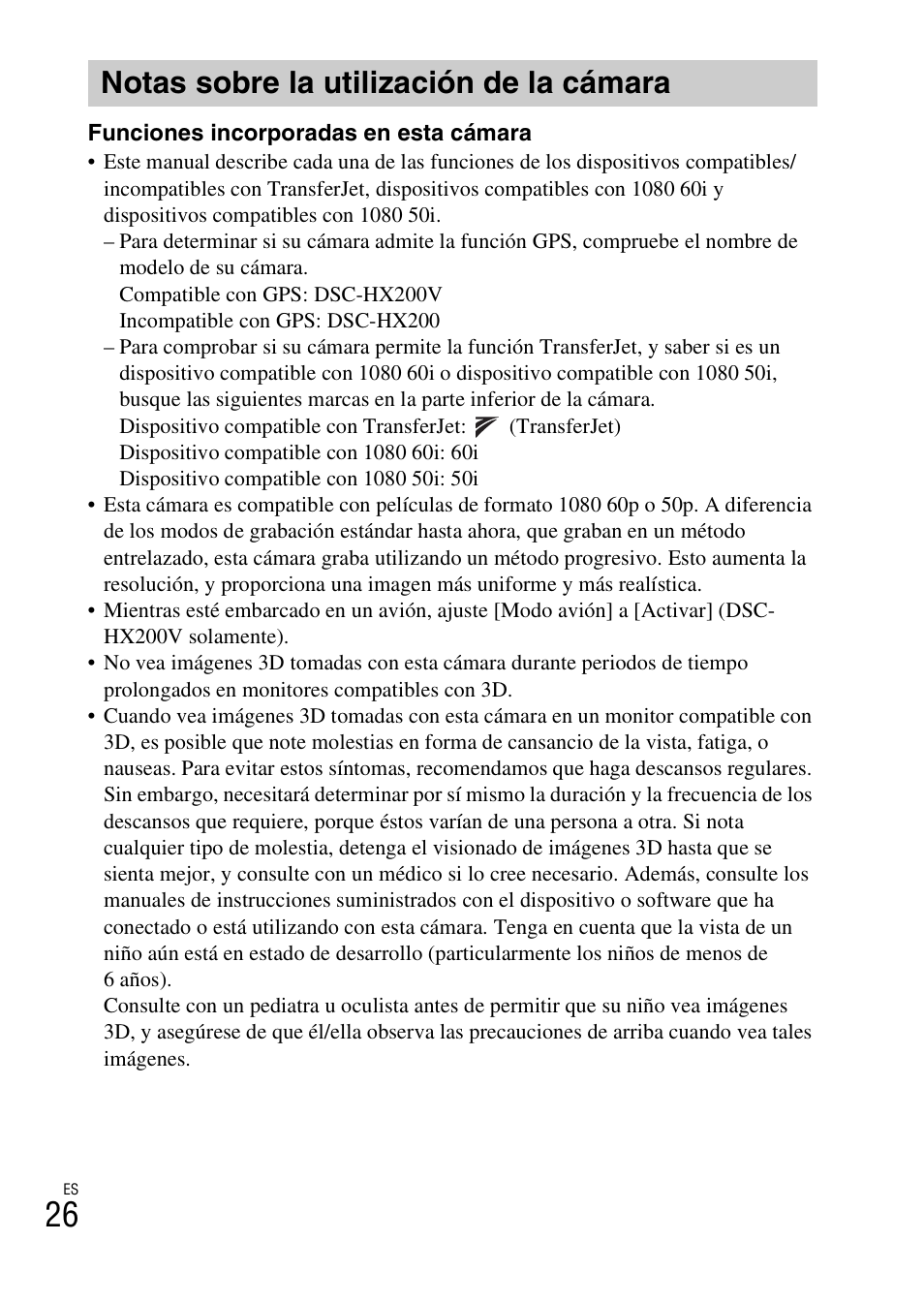 Notas sobre la utilización de la cámara | Sony CYBER SHOT DSC-HX200 User Manual | Page 62 / 68