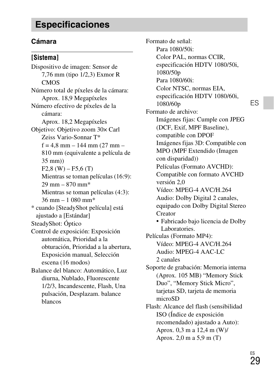 Especificaciones | Sony CYBER SHOT DSC-HX200 User Manual | Page 65 / 68