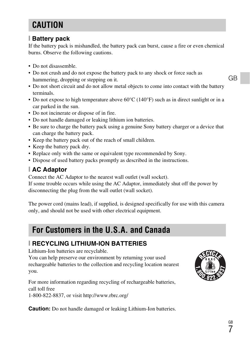 Caution for customers in the u.s.a. and canada | Sony CYBER SHOT DSC-HX200 User Manual | Page 7 / 68