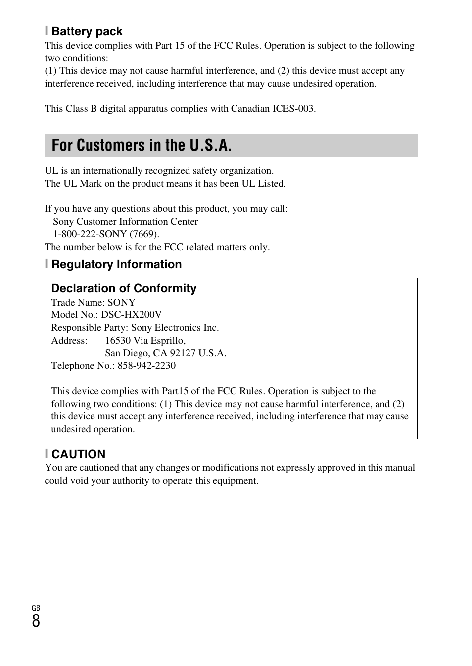 For customers in the u.s.a | Sony CYBER SHOT DSC-HX200 User Manual | Page 8 / 68