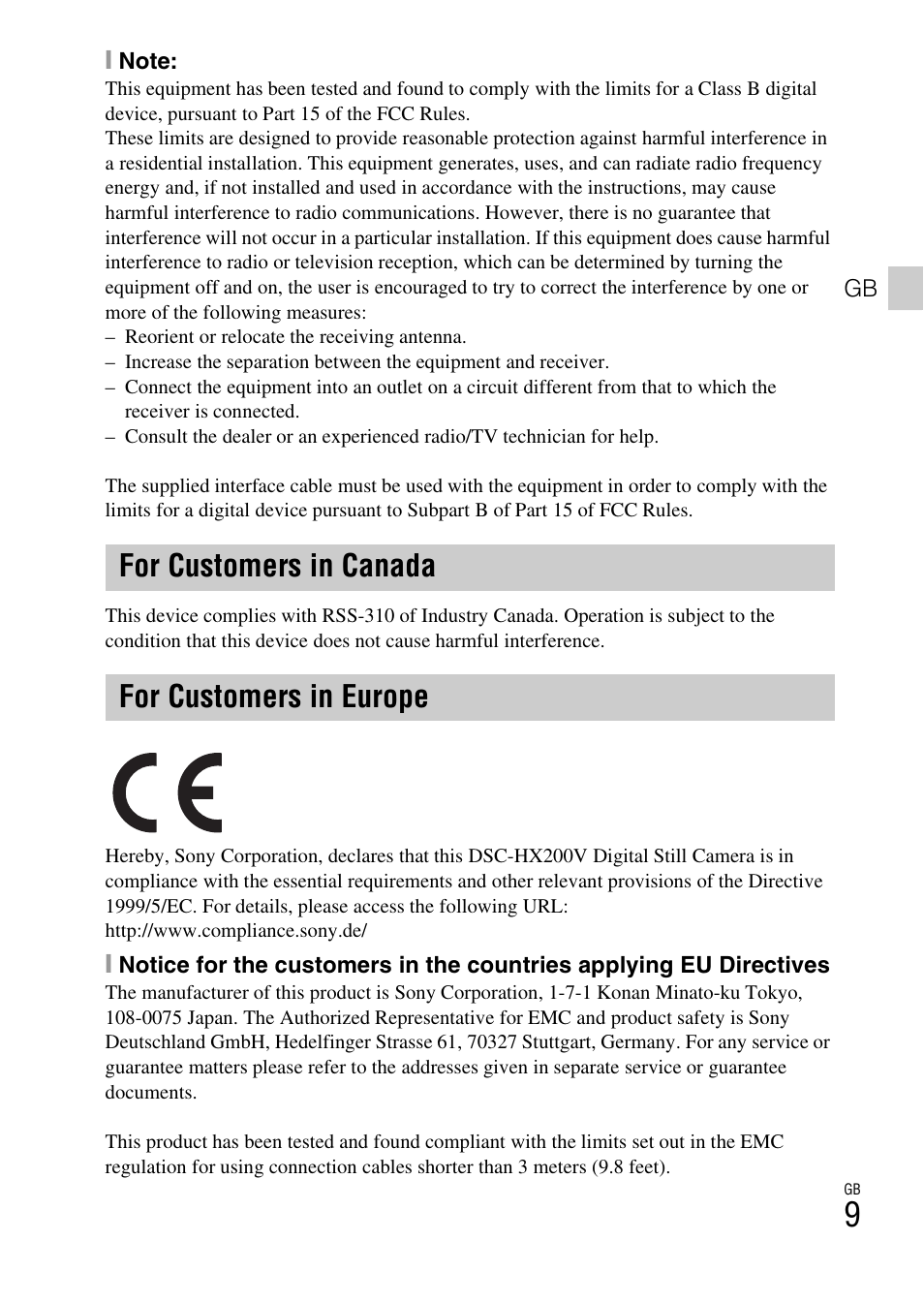 For customers in canada for customers in europe | Sony CYBER SHOT DSC-HX200 User Manual | Page 9 / 68