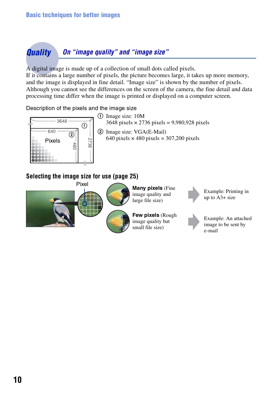 Quality, Quality – on “image quality” and “image size | Sony DSC-S950 User Manual | Page 10 / 107