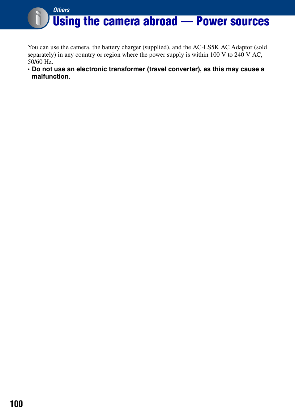 Others, Using the camera abroad - power sources, Using the camera abroad — power sources | Sony DSC-S950 User Manual | Page 100 / 107