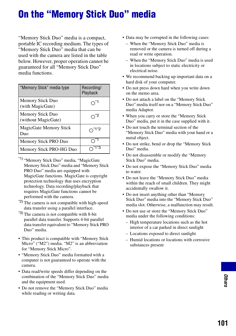 On the “memory stick duo” media | Sony DSC-S950 User Manual | Page 101 / 107