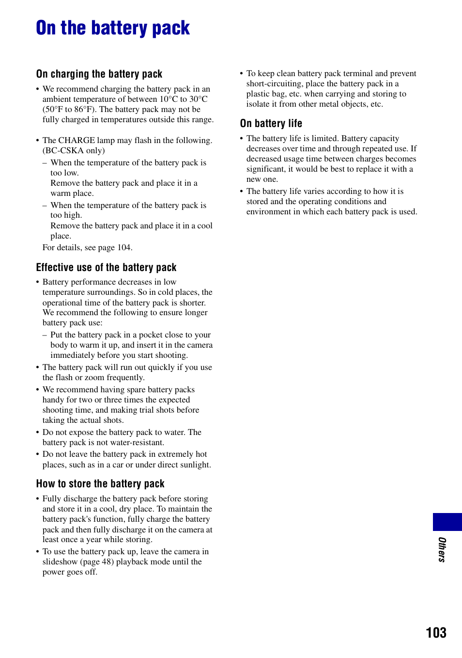 On the battery pack | Sony DSC-S950 User Manual | Page 103 / 107