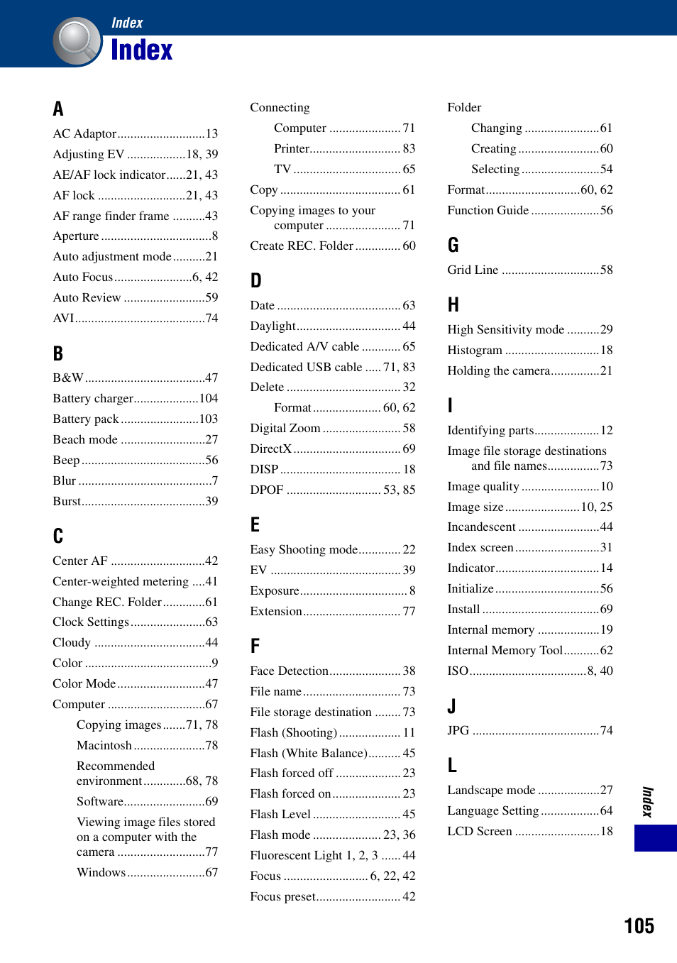 Index | Sony DSC-S950 User Manual | Page 105 / 107