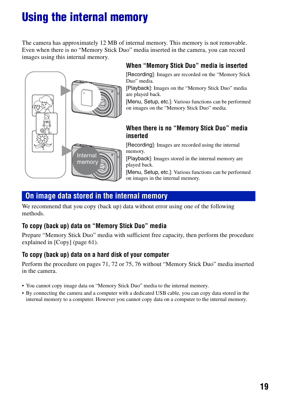 Using the internal memory | Sony DSC-S950 User Manual | Page 19 / 107