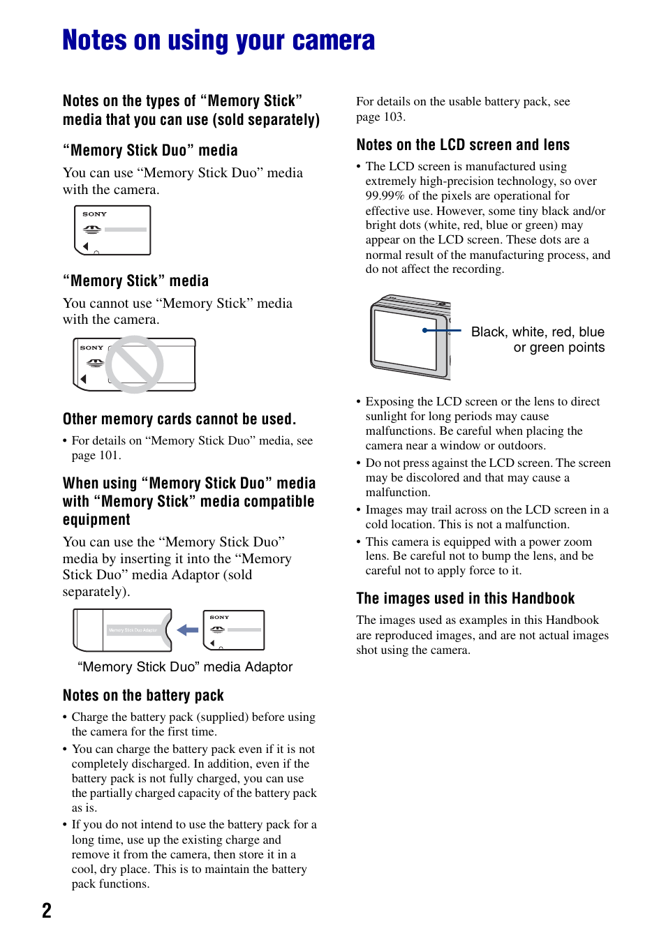 Notes on using your camera | Sony DSC-S950 User Manual | Page 2 / 107