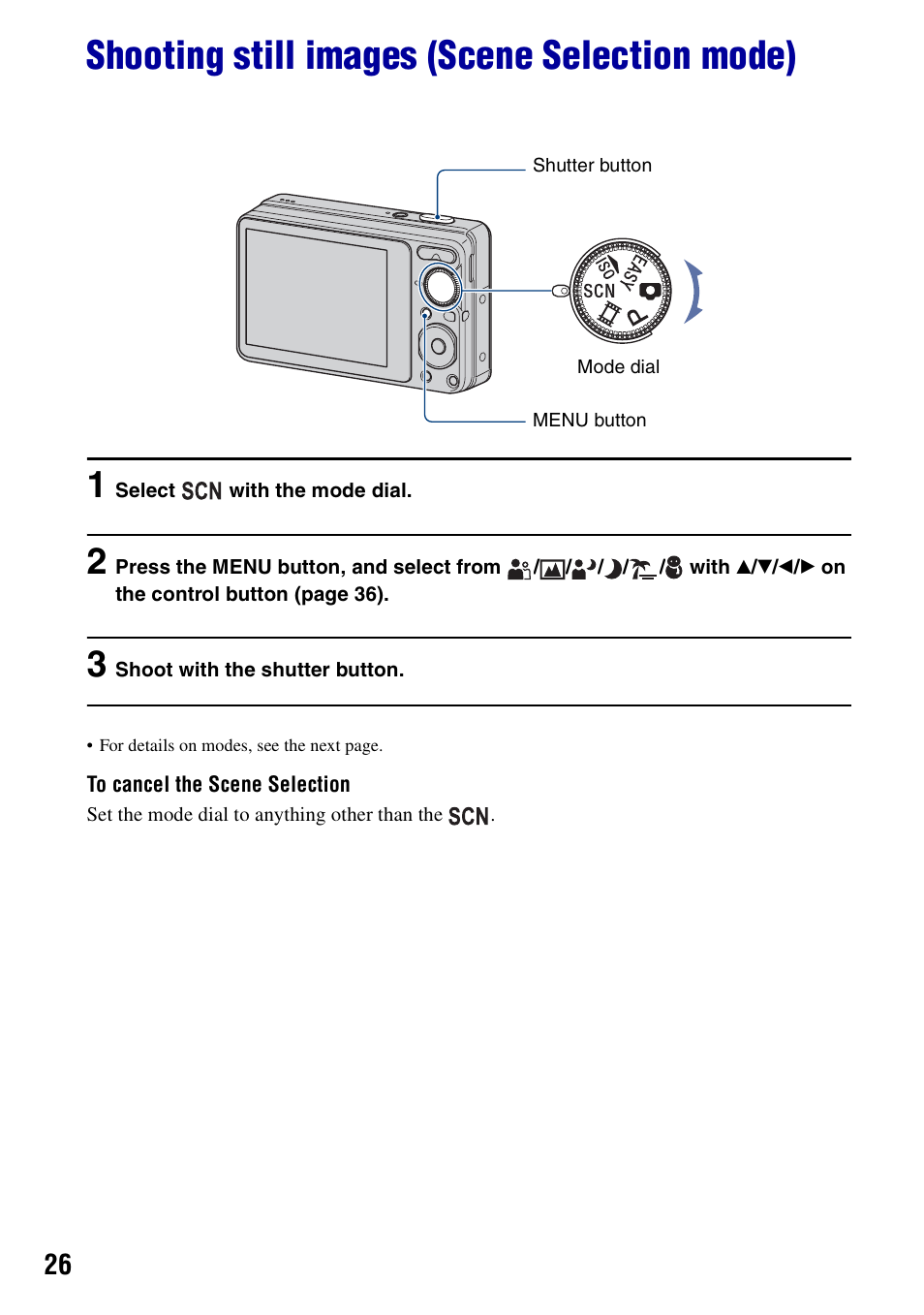 Shooting still images (scene selection mode) | Sony DSC-S950 User Manual | Page 26 / 107