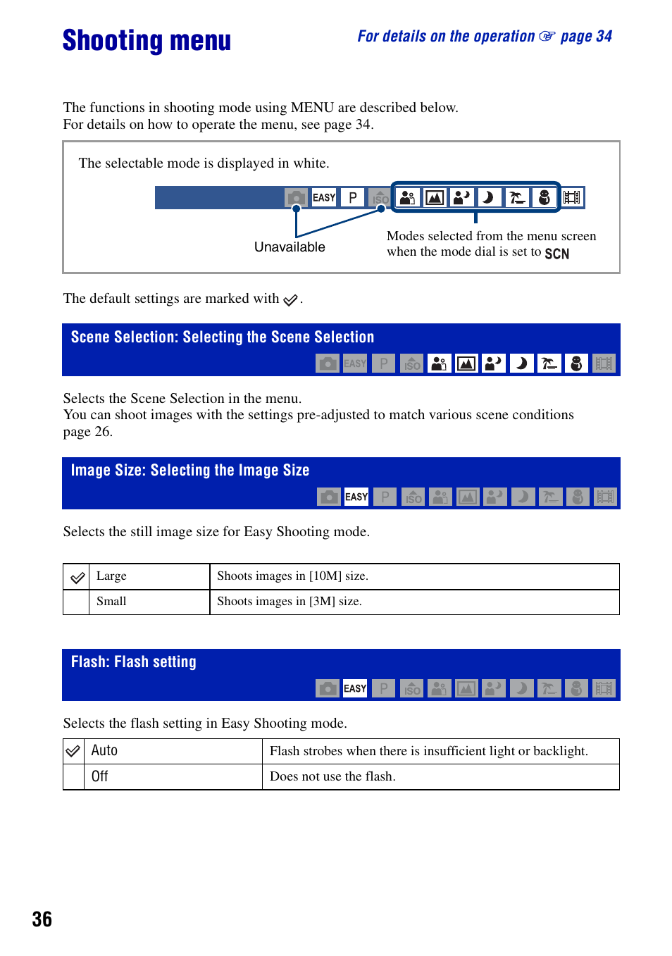 Shooting menu, Scene selection: selecting the scene selection, Image size: selecting the image size | Flash: flash setting | Sony DSC-S950 User Manual | Page 36 / 107