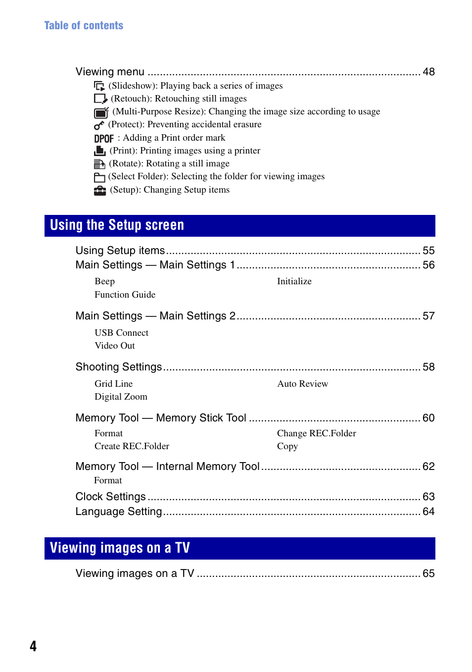 Using the setup screen viewing images on a tv | Sony DSC-S950 User Manual | Page 4 / 107