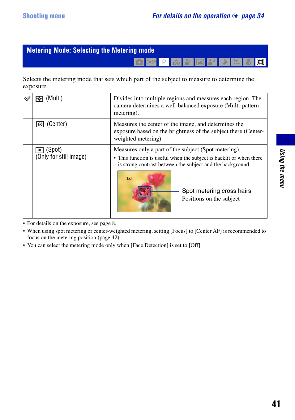 Metering mode: selecting the metering mode | Sony DSC-S950 User Manual | Page 41 / 107