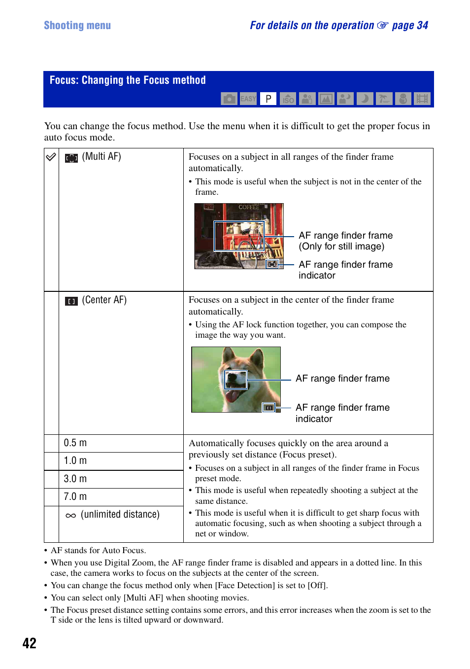 Focus: changing the focus method | Sony DSC-S950 User Manual | Page 42 / 107