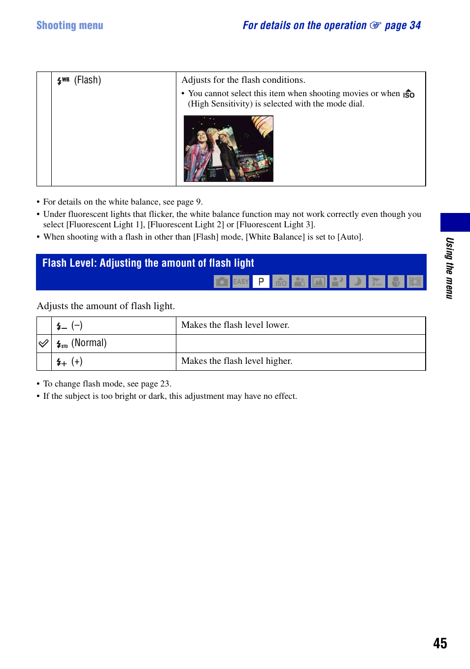 Flash level: adjusting the amount of flash light | Sony DSC-S950 User Manual | Page 45 / 107