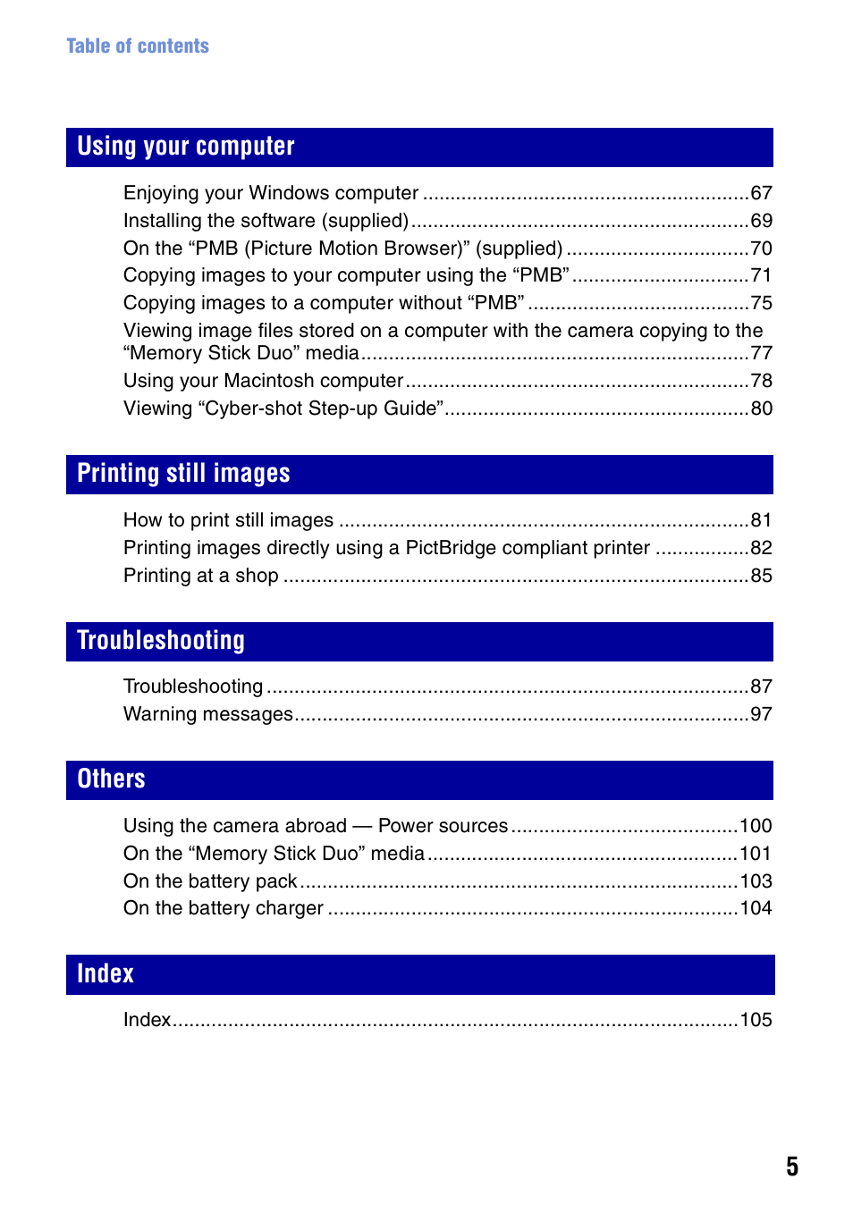 Sony DSC-S950 User Manual | Page 5 / 107