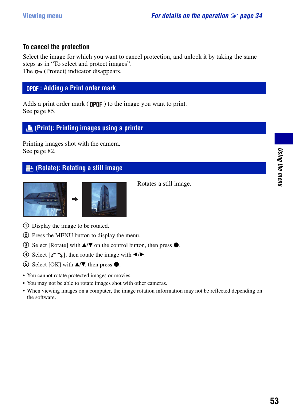 Dpof: adding a print order mark, Print): printing images using a printer, Rotate): rotating a still image | Adding a print order mark | Sony DSC-S950 User Manual | Page 53 / 107