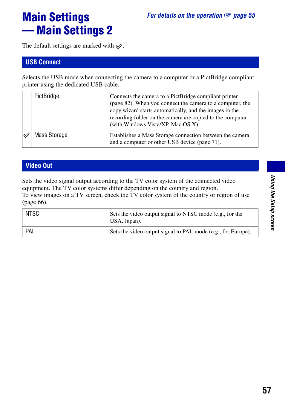 Main settings - main settings 2, Usb connect, Video out | Main settings — main settings 2, Usb connect video out | Sony DSC-S950 User Manual | Page 57 / 107